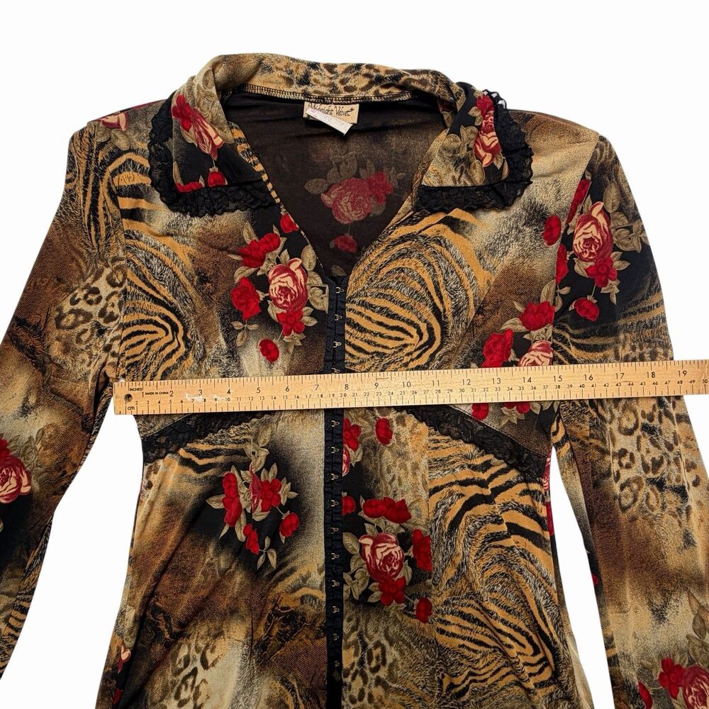Y2K Midnight Velvet Animal Print Floral Blouse Roses Lace Trim - Picture 4 of 9